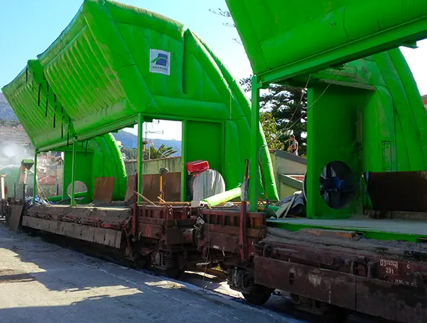 Conception et instalaltion de structure gonflables acoustique , protection poussière et hangar gonfalble pour chantier de tunnel